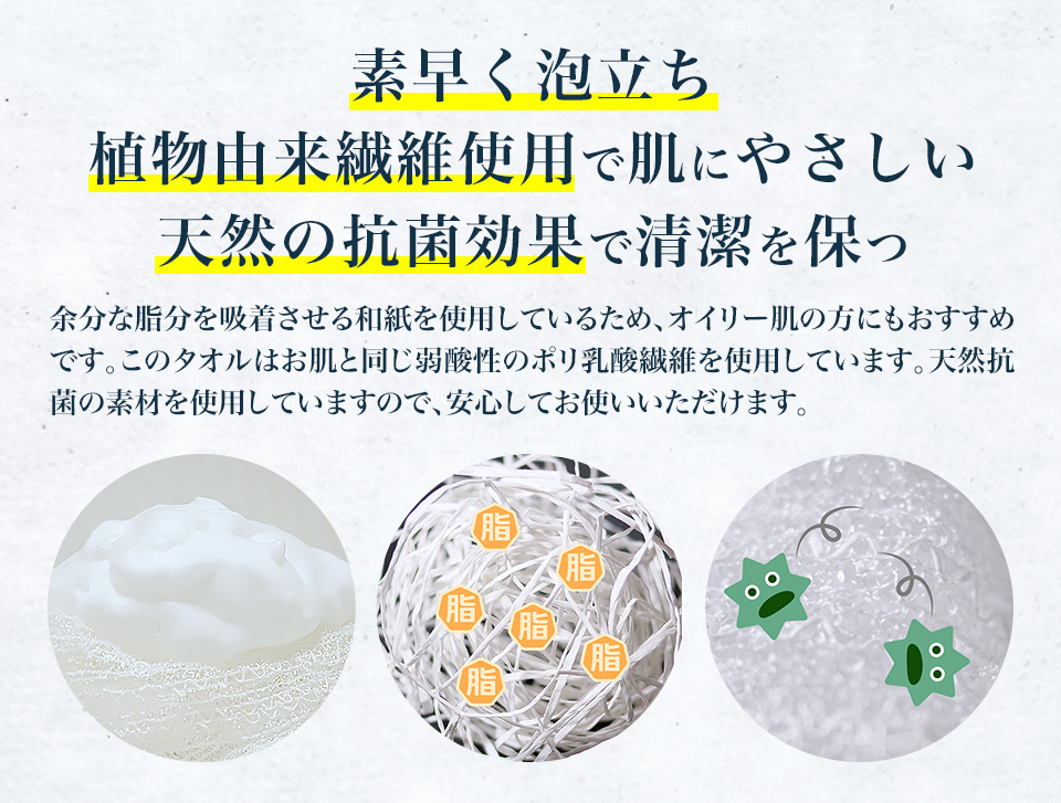 素早く泡立ち、植物由来繊維使用で肌にやさしい、天然の抗菌効果で清潔を保つ