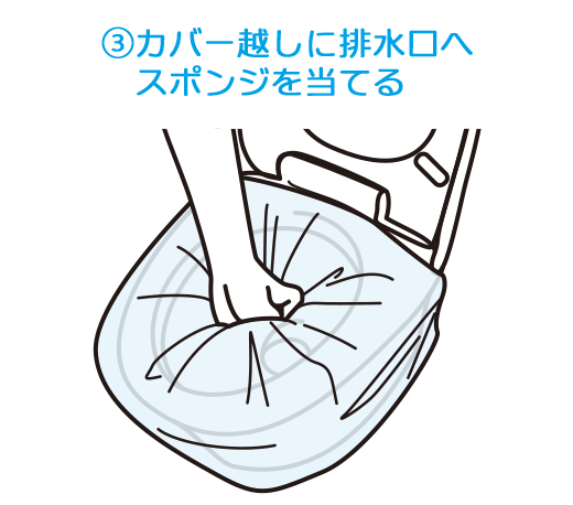 ③カバー越しに排水口へスポンジを当てる